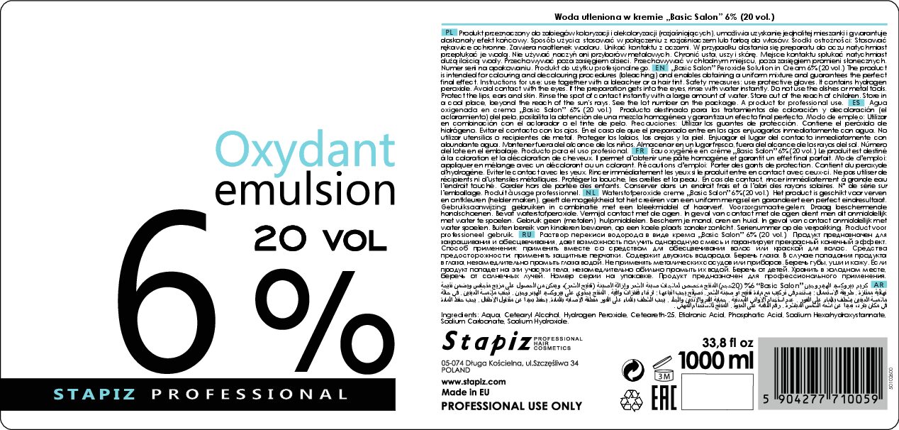 Woda utleniona w kremie Stapiz 3% 1000 ml - obrazek 2