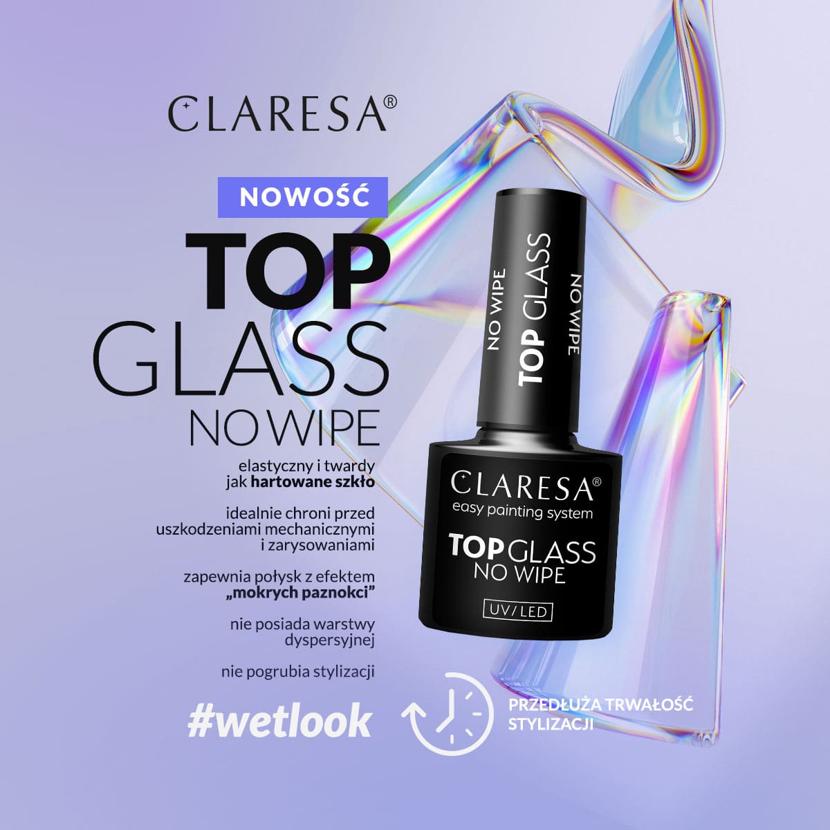 CLARESA LAKIER HYBRYDOWY TOP GLASS NO WIPE 5g - obrazek 2